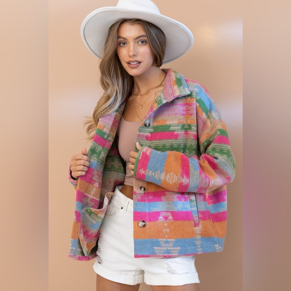 Blakely Colorful Bright Aztec Button-Up Shacket Jacket